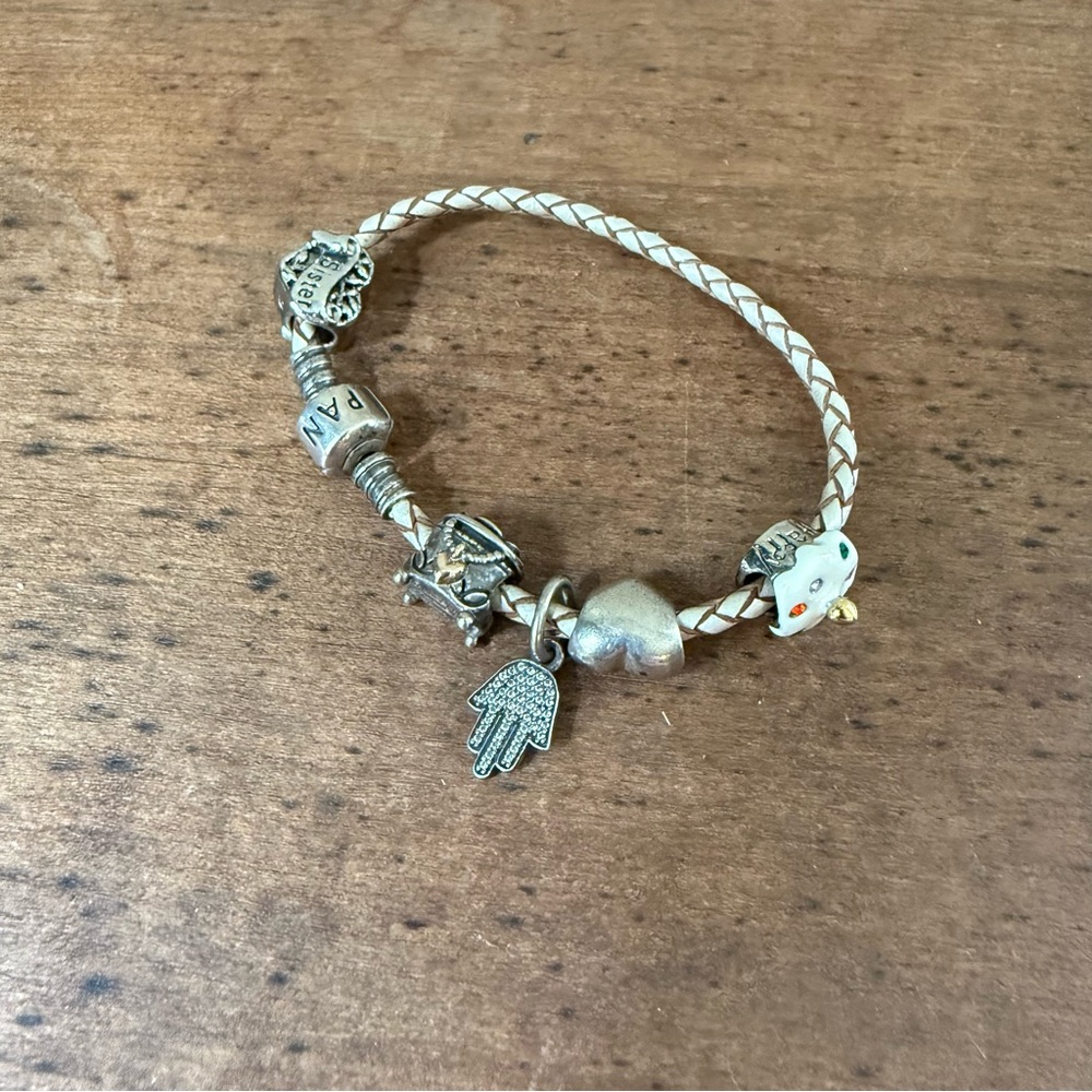 Pandora Cream and Silver Braided Charm Bracelet with Charms